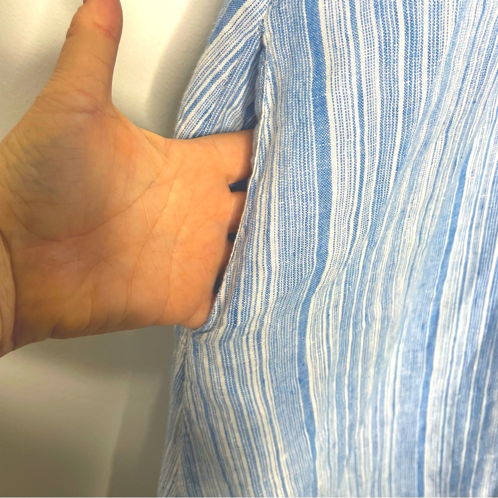 Tahari Plus 100% Linen Collar Shirt Dress Light Blue stripe button up 2X pockets - Picture 16 of 16